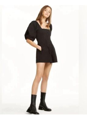 Danielle Bernstein Black Square-Neck Button-Front Puff Sleeve Top